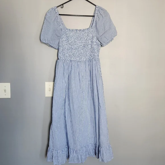 J Crew Midi Puff Sleeve White And Blue Striped Dress - Picture 3 of 11